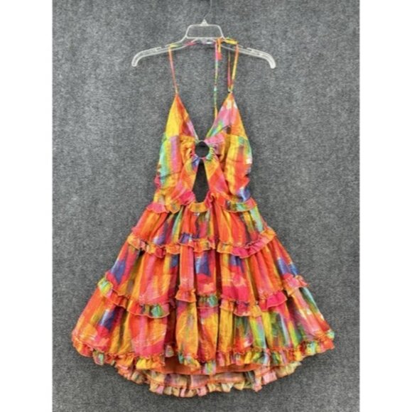 Lilly’s Kloset Women’s XL Ruffled Tie Dyed Halter Dress Peek A Boo Front & Back - Picture 1 of 14